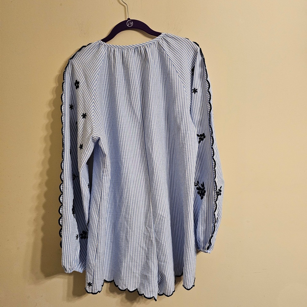 Mable Romper Women Small Blue White Striped Floral Embroidered Scallop Trim Boho - Picture 2 of 6